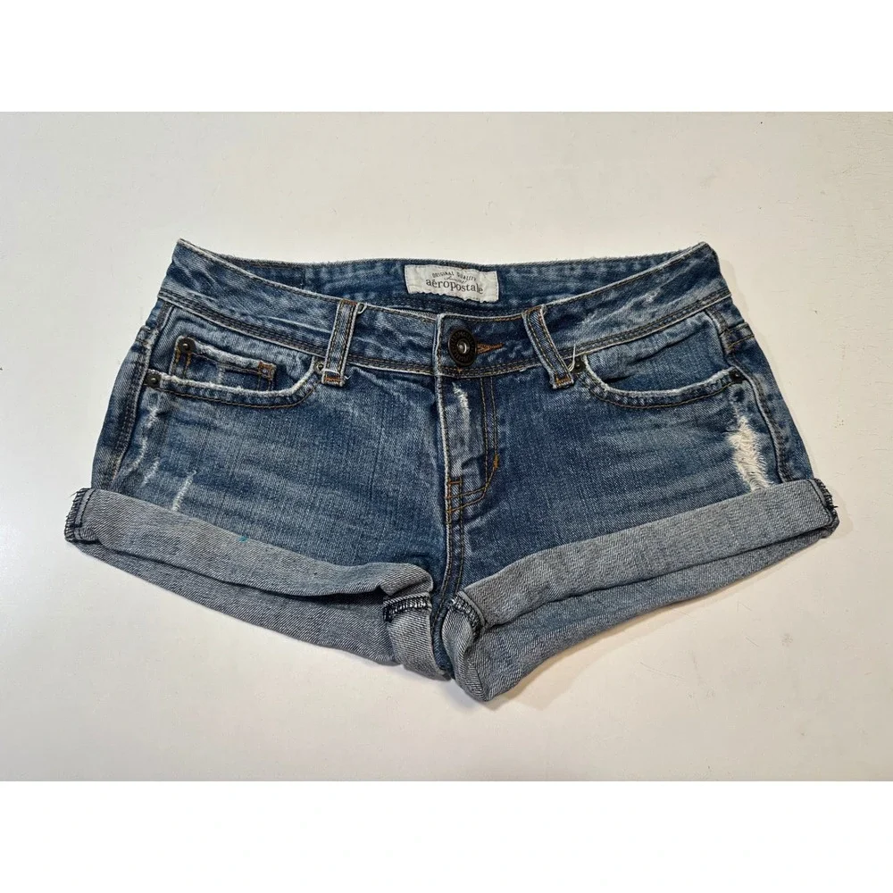 Aeropostale Denim Shorts Womens Size 0 Blue Distressed Cuffed Low Rise Cotton